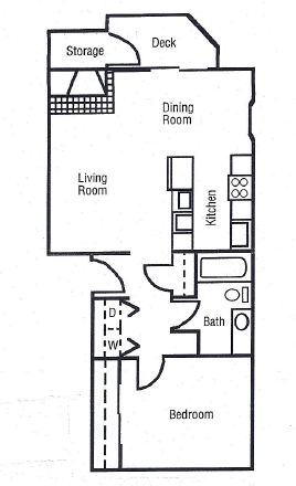 A floor plan of a house with a deck, storage, dining room, living room, kitchen, bath, and bedroom.